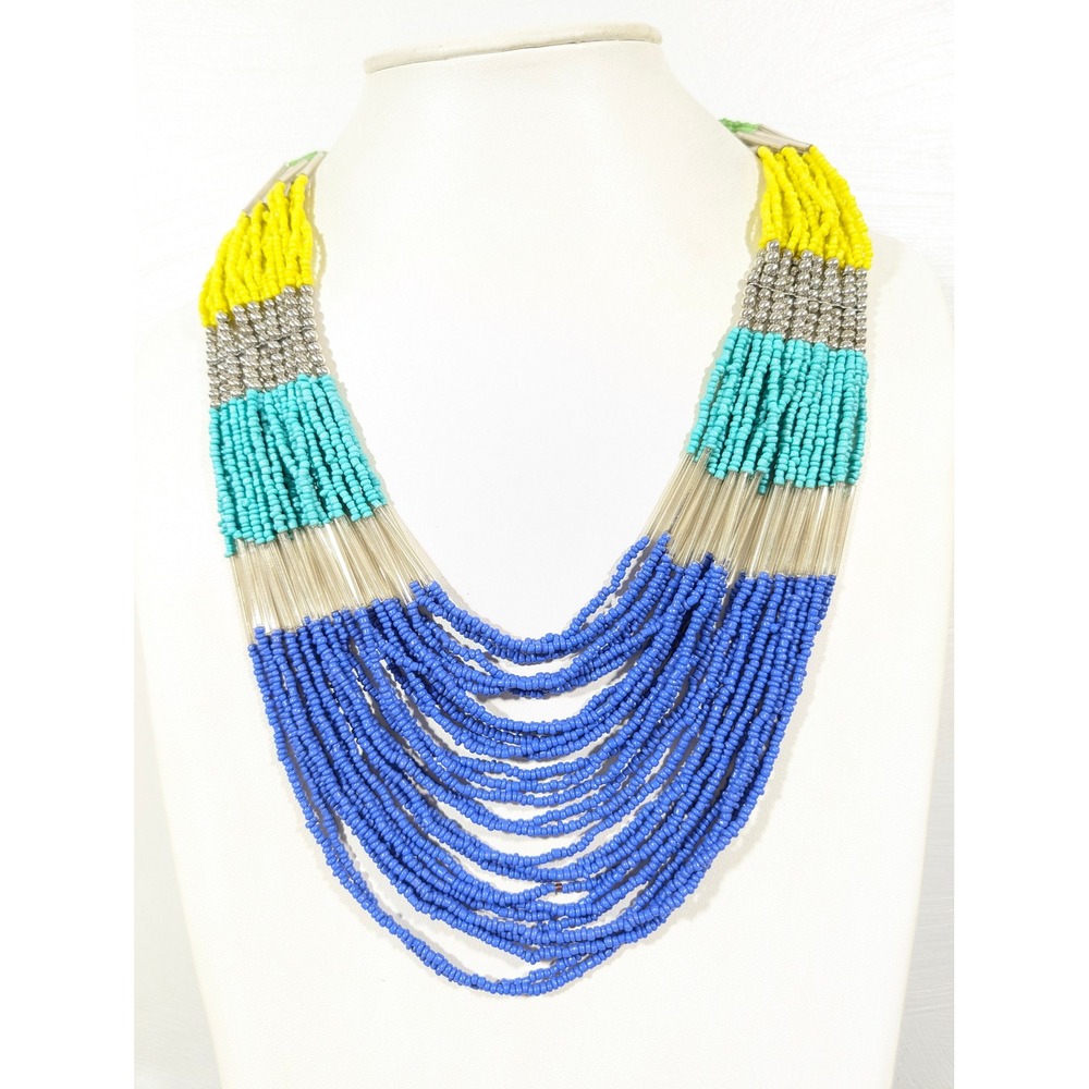 Colorful Multistrand Glass Seed Bead Necklace 24" Blue Yellow‎ Green - Picture 2 of 9